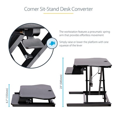 StarTech Adjustable Large Surface Corner Sit Stand Desk Converter for Dual Monitors, Keyboard Tray, 35" x 21" (ARMSTSCORNR)