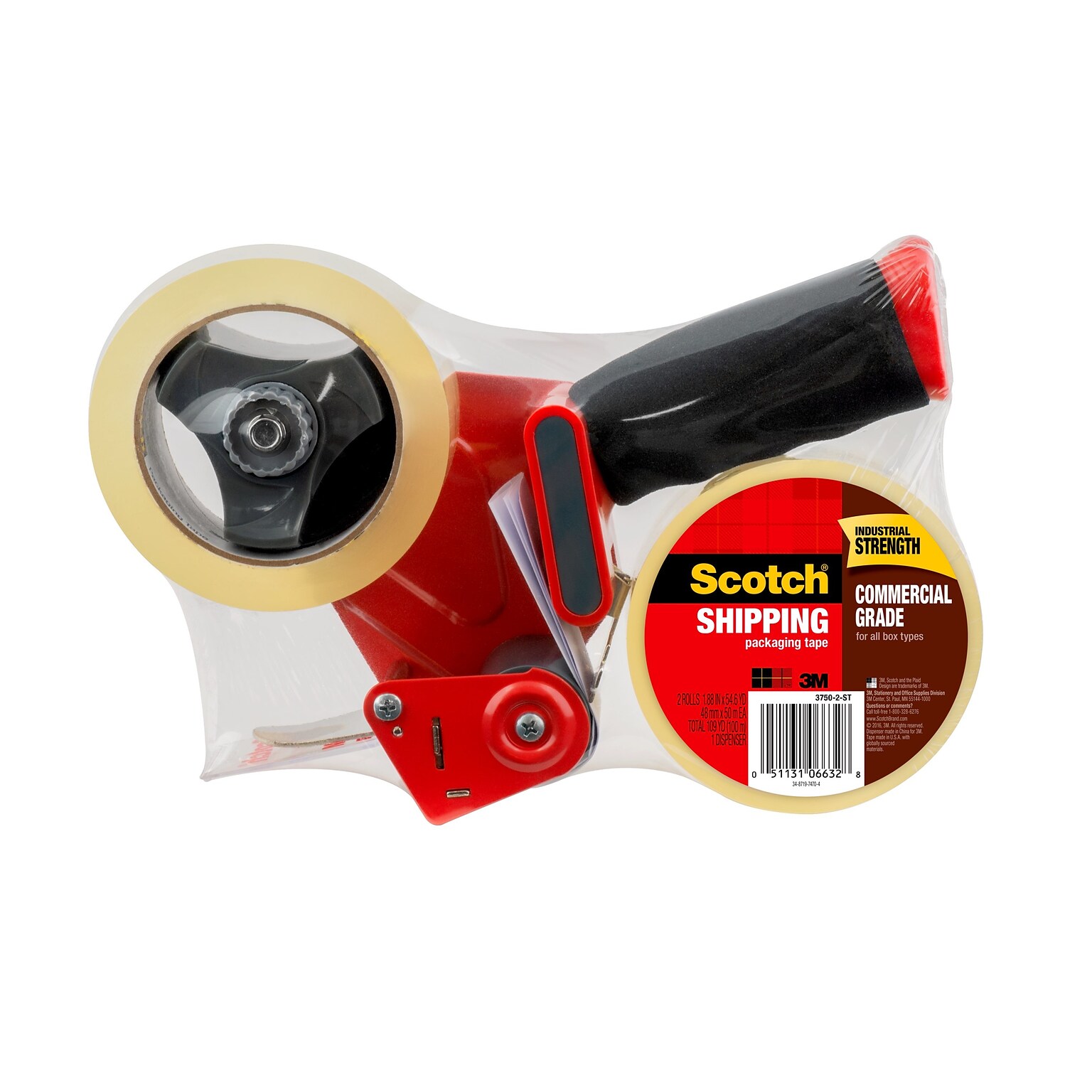 Scotch Commercial Grade Packaging Tape with Dispenser, 1.88 x 54.6 yds., Clear, 2 Rolls/Pack (3750-2-ST)