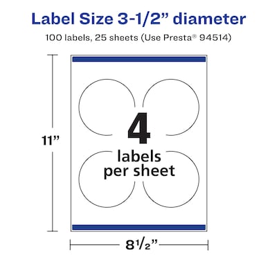 Avery Round Laser/Inkjet Round Multipurpose Labels, 3.5" Dia, White, 100 Labels/Pack (94514)
