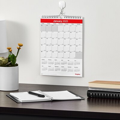 2025 Staples 8" x 11" Wall Calendar, Red/White (ST53922-25)