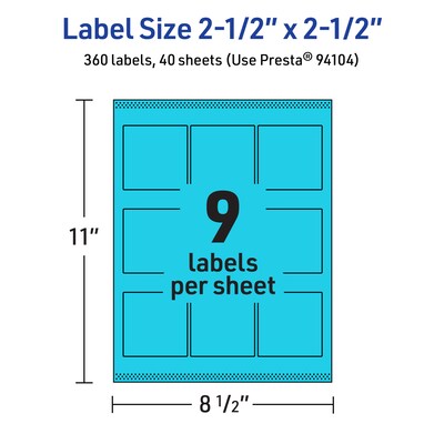 Avery Laser/Inkjet Multipurpose Square Labels, 2.5" x 2.5", Bright Blue, 360/Pack (94104)