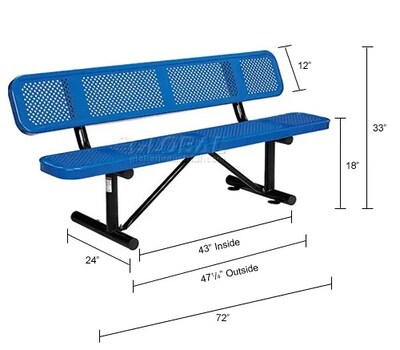 Global Industrial 6' Outdoor Steel Picnic Bench w/ Backrest, Perforated Metal, Blue (694557BL)