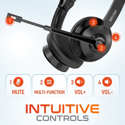 Delton 30X Wireless Noise Canceling Bluetooth Stereo Headset with Auto-Pair USB Dongle and Headset Hook (DBTHEAD30XBTDLHSAS1)