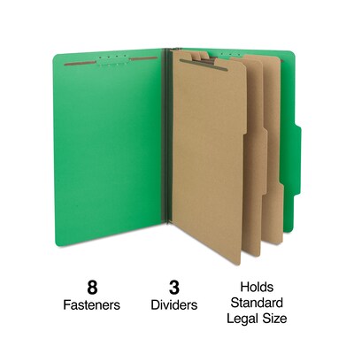 Quill Brand® 2/5-Cut Tab Pressboard Classification File Folders, 3-Partitions, 8-Fasteners, Legal, Green, 15/Box (745034)