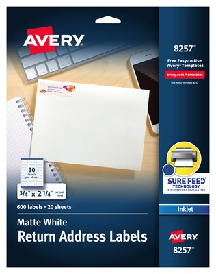 Avery Sure Feed Inkjet Return Address Labels, 3/4 x 2-1/4, 30 Labels/Sheet, 20 Sheets/Pack, 600 La