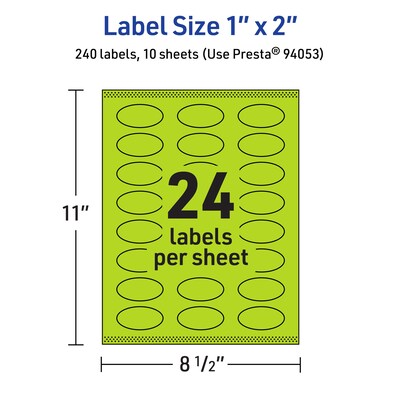 Avery Printable Oval Multipurpose Labels, 1" x 2", Bright Green, 240/Pack (94053)