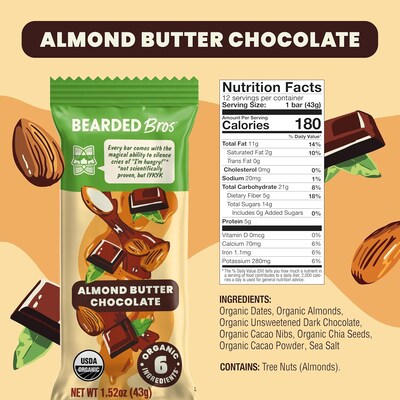 Bearded Bros Gluten Free Almond Butter Chocolate Energy Bar, 1.52 oz., 12/Pack (220-02918)