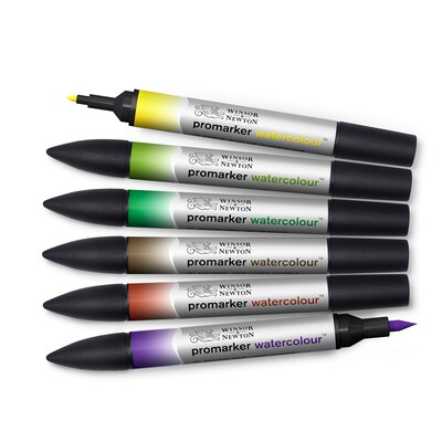 Winsor & Newton Promarker Dual-Tip Watercolor Alcohol Based Marker, Foliage Tones, 6/Pack (WNX0290169)