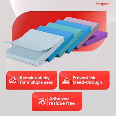 Staples Sticky Notes, 3" x 3", Marina Collection, 100 Sheets/Pad, 12 Pads/Pack (19758-US)