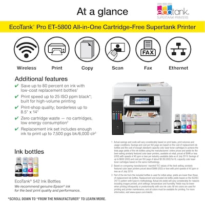 Epson EcoTank Pro ET-5800 Wireless All-in-One Cartridge-Free SuperTank Office Printer, prints up to 8.5" x 14"