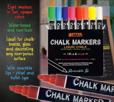 Better Office Products Liquid Washable Chalk Markers, Reversible Tip, Assorted Colors, 8-Pack (00641)