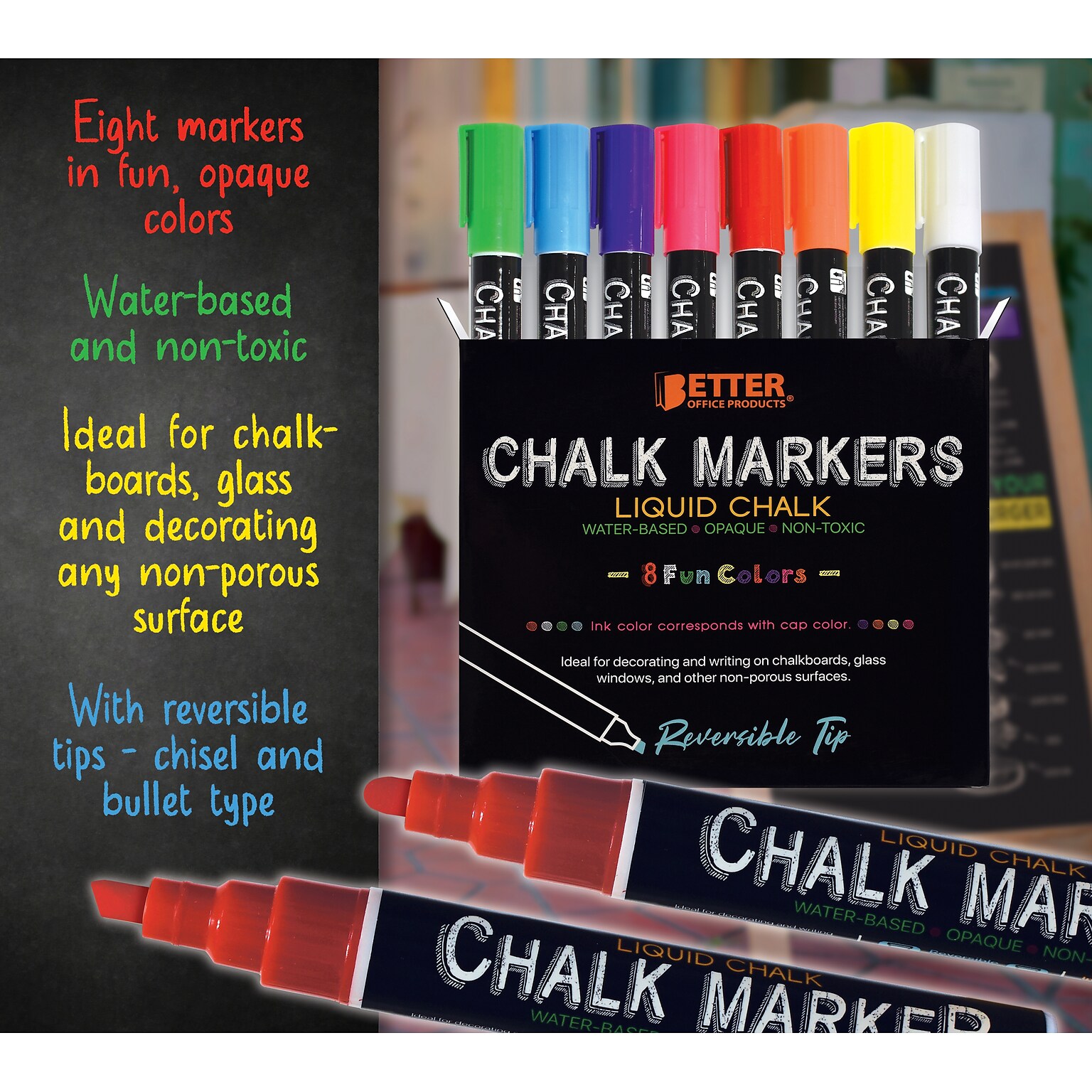 Better Office Products Liquid Washable Chalk Markers, Reversible Tip, Assorted Colors, 8-Pack (00641)