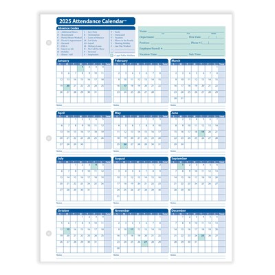 ComplyRight 2025 Attendance Calendar Card, 25 Forms/Pack (A4000W25)