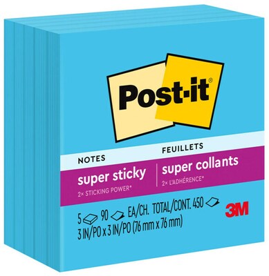 Post-it® Super Sticky Notes, 3 x 3, Electric Blue, 90 Sheets/Pad, 5 Pads/Pack (654-5SSBE)