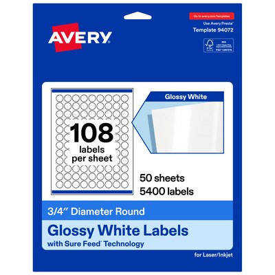 Avery Round Laser/Inkjet Multipurpose Labels, White, 108 Labels/Sheet, 50 Sheets/Pack (19479311213)