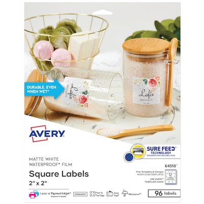 Avery Waterproof Laser/Pigment-Inkjet Square Labels, 2 x 2, Glossy White, 96 Labels/Pack (64510)