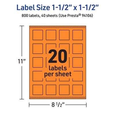 Avery Laser/Inkjet Multipurpose Square Labels, 1.5" x 1.5", Bright Orange, 800/Pack (94106)