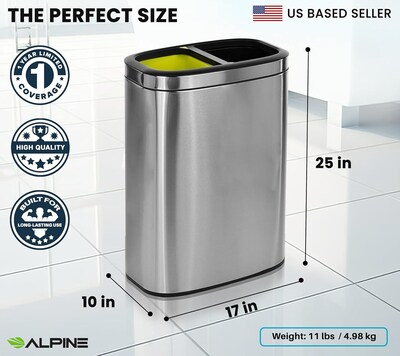 Alpine Industries Stainless Steel Dual Compartment Trash Can with Lid and Liner, 21 Gallon, 2/Pack (ALP470-R-40L-2PK)