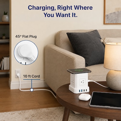 Uncaged Ergonomics Wireless Cube Power Strip with 15W Wireless Charger, 4 AC Outlets, 4 USB Ports, 10' Cord, White (WC-10-W)