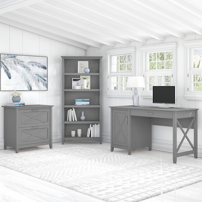 Bush Furniture Key West 54"W Computer Desk with Lateral File Cabinet and Bookcase, Cape Cod Gray (KWS009CG)