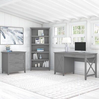 Bush Furniture Key West 54"W Computer Desk with Lateral File Cabinet and Bookcase, Cape Cod Gray (KWS009CG)