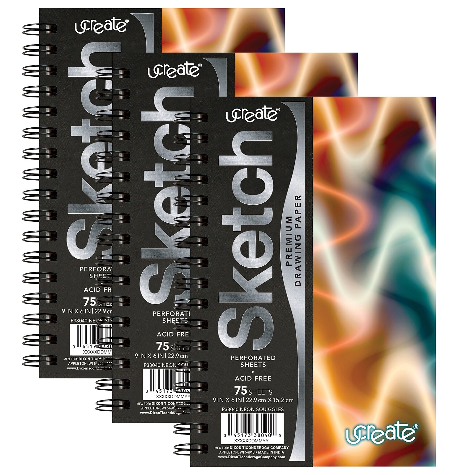 UCreate Neon Squiggles 9 x 6 Sketch Book, Pack of 3 (PAC38040-3)
