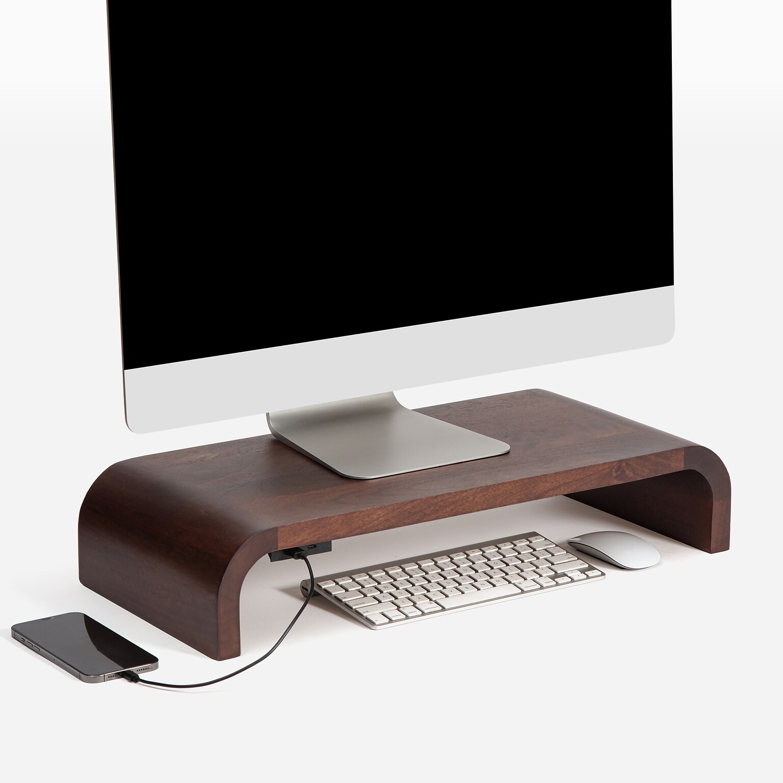 Anji Mountain Mango Wood Monitor Stand with Two USB Ports, Up to 32 Monitor, Walnut (MS-CRV-WAL-P)
