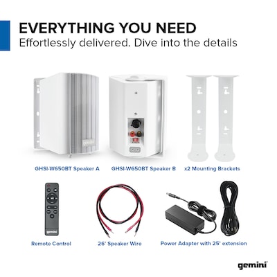 Gemini GHSI Series GHSI-W650BT-PR 300W Bluetooth Outdoor Speaker Set with Mounting Brackets and Remote, Pair, White