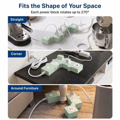 Uncaged Ergonomics Flexible 5' Extension Cord, 3-Outlet, USB-C/A Port, 14 AWG, Green, 2/Pack (2xFPS-Green)