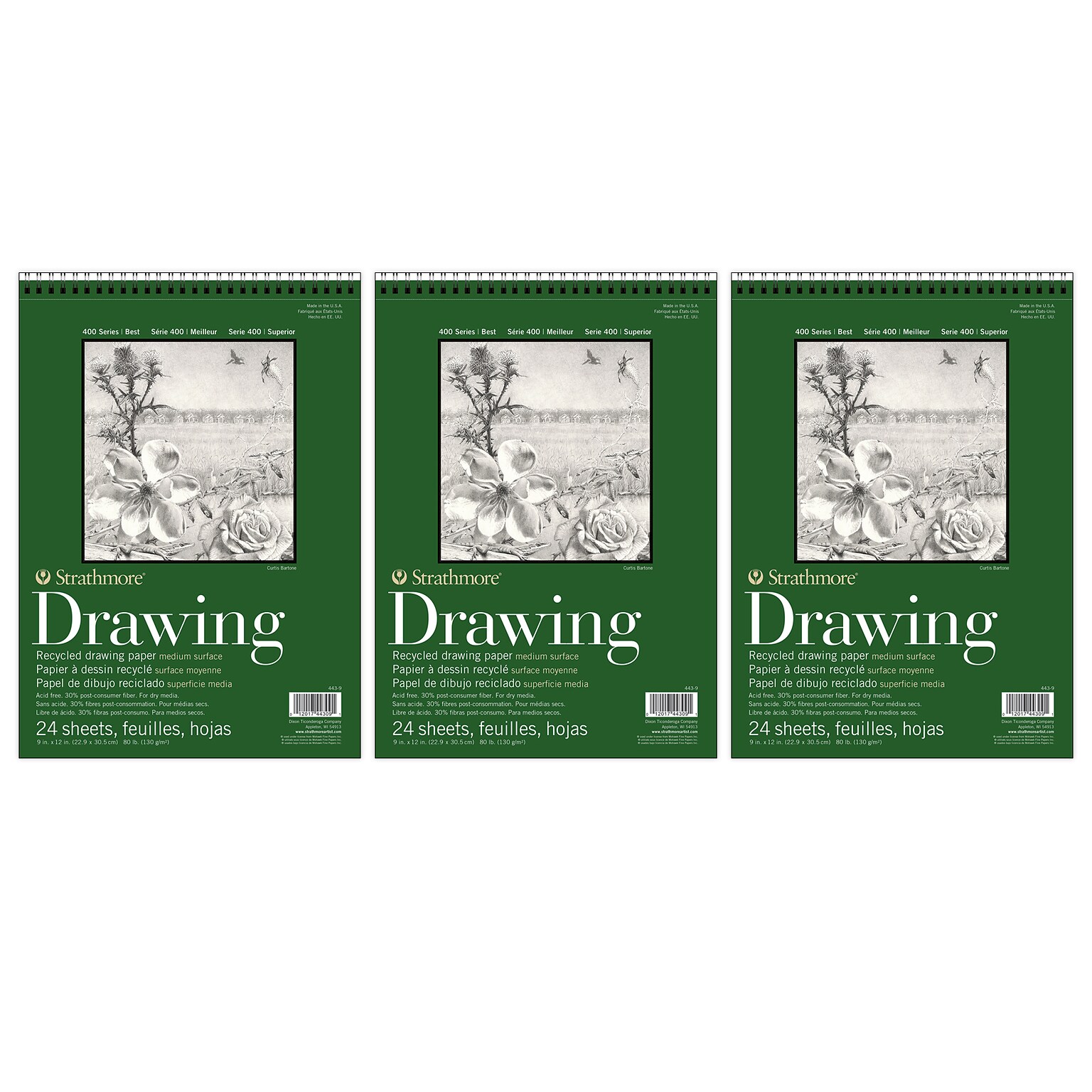 Strathmore 400 Series 9 x 12 Wire Bound Drawing Sketch Pad, 24 Sheets/Pad, 3/Bundle (STTP443903-3)
