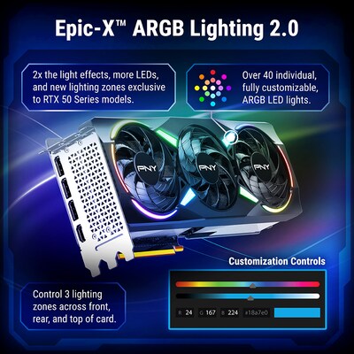 PNY NVIDIA GeForce RTX 5070 Ti EPIC-X ARGB OC Triple Fan PCIe 5.0 16GB GDDR7 Gaming Graphics Card, 2295 MHz Core, Black