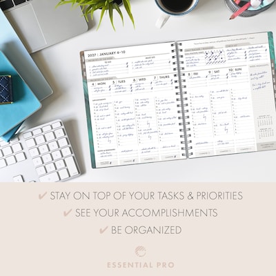 2027 Excello Brands 7" x 9" Weekly & Monthly Standard Planner, Plastic Cover, Teal Gold Marble (ESPRO-CY27-79-54)