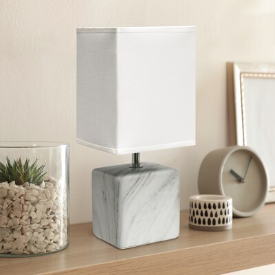 Simple Designs Petite Marbled Ceramic Table Lamp Fabric Shade, White with White Shade (LT2071-WOW)