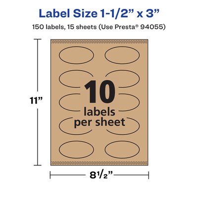 Avery Laser/Inkjet Multipurpose Oval Labels, 3" Dia, Kraft Brown, 150/Pack (94055)
