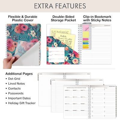 2027 Excello Brands Essential Pro 8.5" x 11" Weekly & Monthly Planner, Teal Floral (ESPRO-CY27-8511-17)