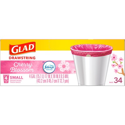 Glad Odorshield 4 Gallon Drawstring Kitchen Trash Bag, Febreeze Cherry Blossom, Pink, 34 Bags/Box (79274)