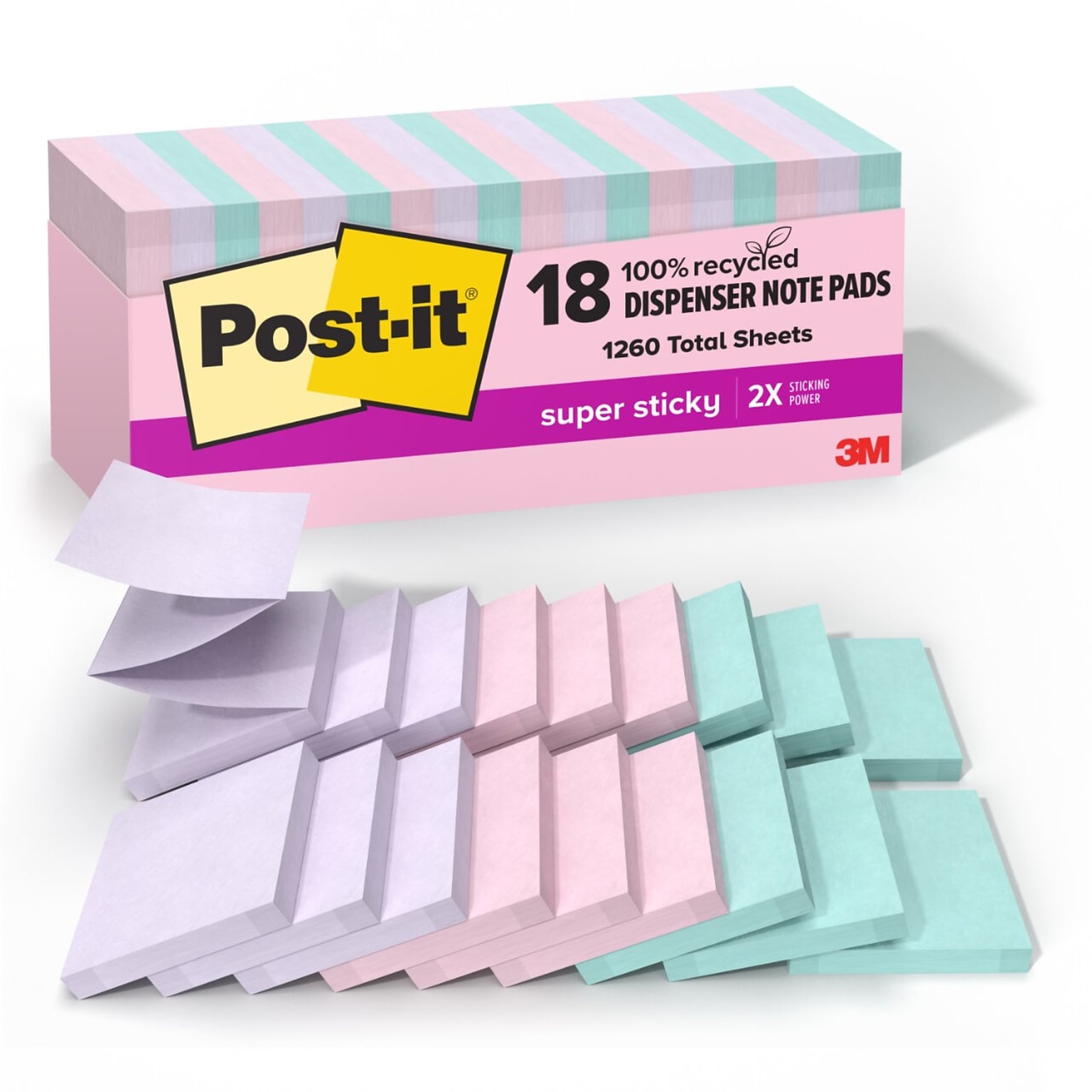 Post-it Recycled Super Sticky Pop-up Notes, 3 x 3, Wanderlust Pastels Collection, 70 Sheets/Pad, 18 Pads/Pack (R330-18SSNRPCP)