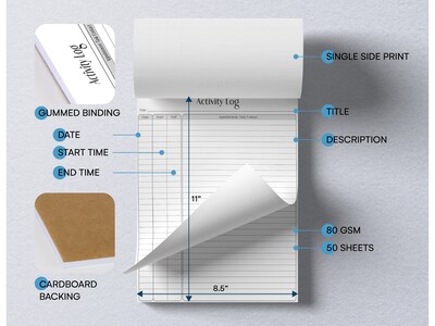 Better Office Activity Log Notepad, 8.5" x 11", Project-Ruled, White/Black, 50 Sheets/Pad (25836)