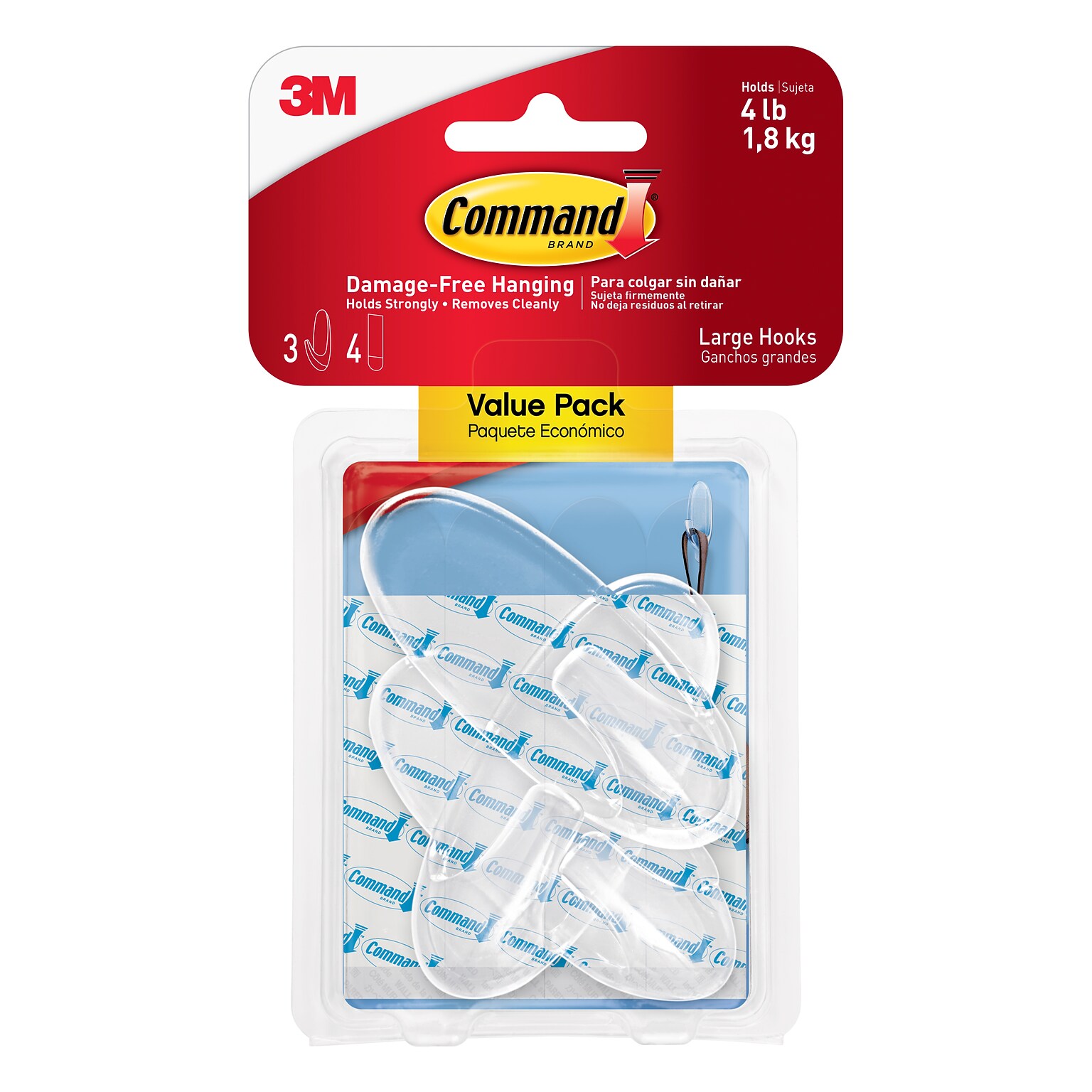 Command Large Utility Hook, 4 lb, Transparent, 3 Hooks/Pack (17093CLR-3AES)