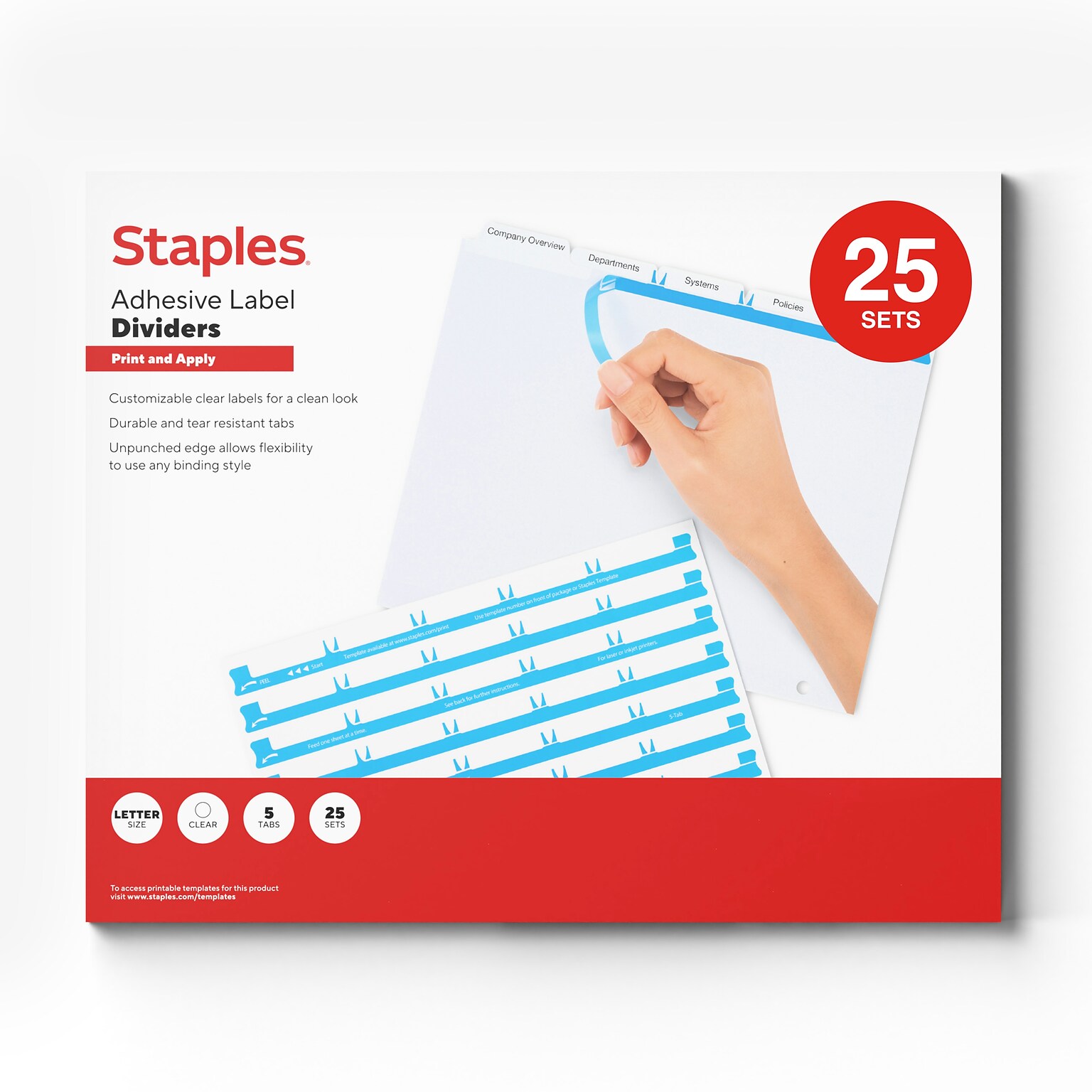 Staples Unpunched Print & Apply Label Dividers, White, 5-Tabs, 25 Sets (ST63051)