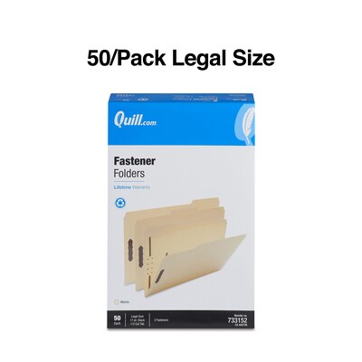 Quill Brand®  Heavy-Duty Reinforced 1/3-Cut Assorted 2-Fastener File Folders, Legal, Manila, 50/Box (733152)
