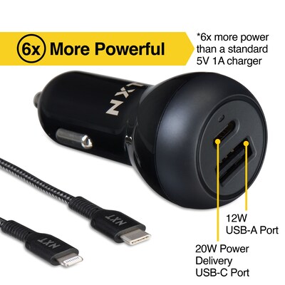 NXT Technologies™ USB-C/USB-A Car Charger with Lightning Cable for iPhone/iPad, Black (NX60453)