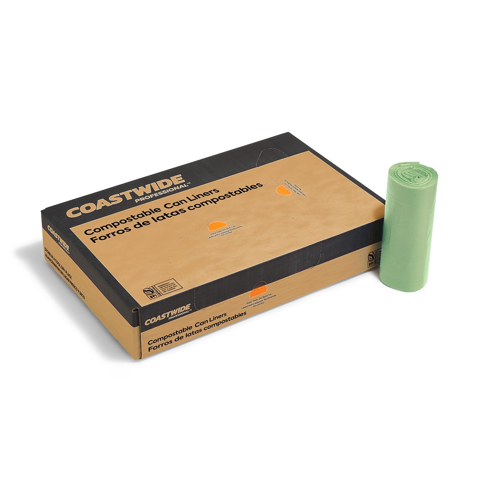 Coastwide Professional™ 12-13 Gallon Compostable Bag, 24 x 32, Low Density, 1 Mil, Green, 200 Bags/Box (CW62405)