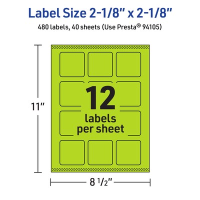 Avery Square Multipurpose Labels, 2-1/8" x 2-1/8", Bright Green, 480/Pack (94105)
