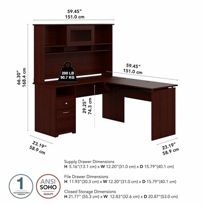 Bush Furniture Cabot 60"W 3 Position L Shaped Sit to Stand Desk with Hutch, Harvest Cherry (CAB045HVC)