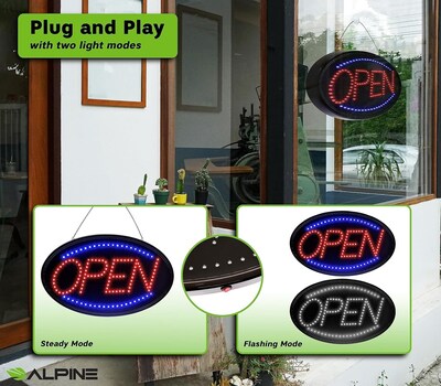 Alpine Industries Open Indoor LED Oval Sign,  23" x 14", 2/Pack (497-02-2PK)