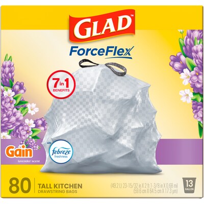 Glad ForceFlex Tall 13 Gallon Drawstring Kitchen Trash Bag, Gain Lavender with Febreze Freshness, Gray, 80 Total Bags (78533)