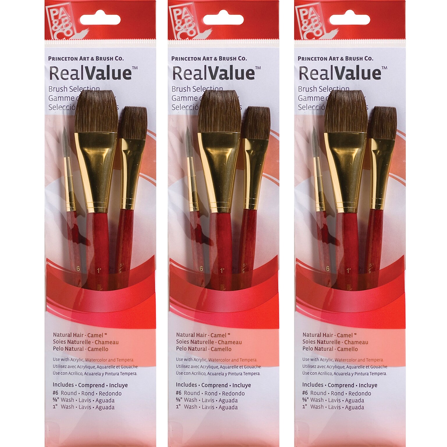 Princeton RealValue Mixed Media Natural Camel Variety Brush Set, Red, 3/Set, 3 Sets/Bundle (PBXPR9122-3)