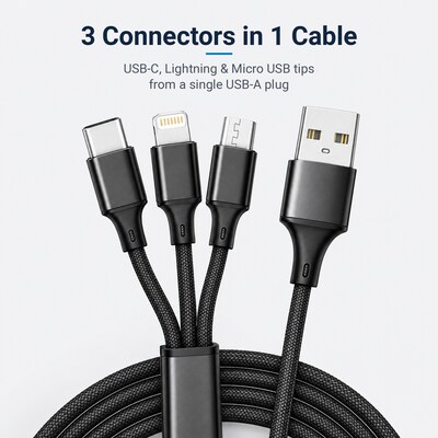 CODi Multi-Charging 4 ft. Braided USB-A Cable with USB-C/Micro USB/Lightning Connectors, Black (A01068)