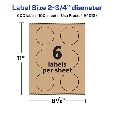 Avery Laser/Inkjet Circle Multipurpose Labels, 2.75" Dia., Kraft Brown, 600 Labels/Box ( 94512)